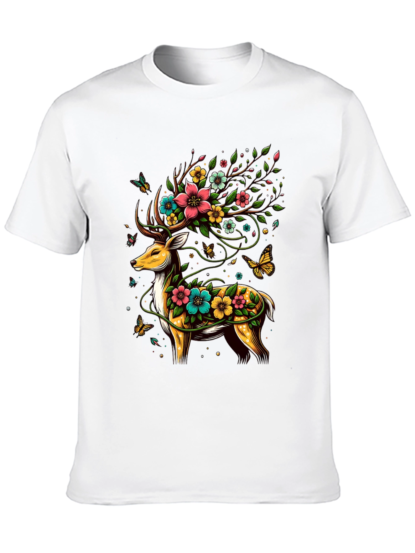 Floral Deer Graphic Tee - Unique Animal Print