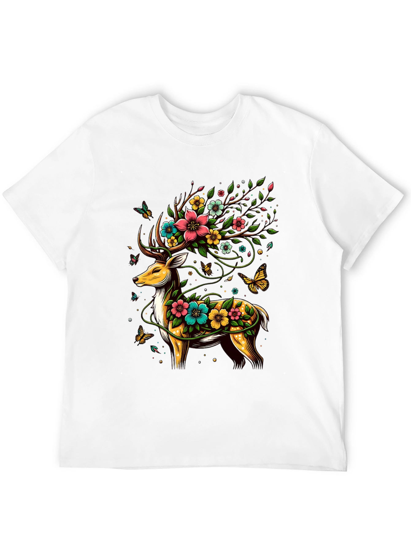 Floral Deer Graphic Tee - Unique Animal Print