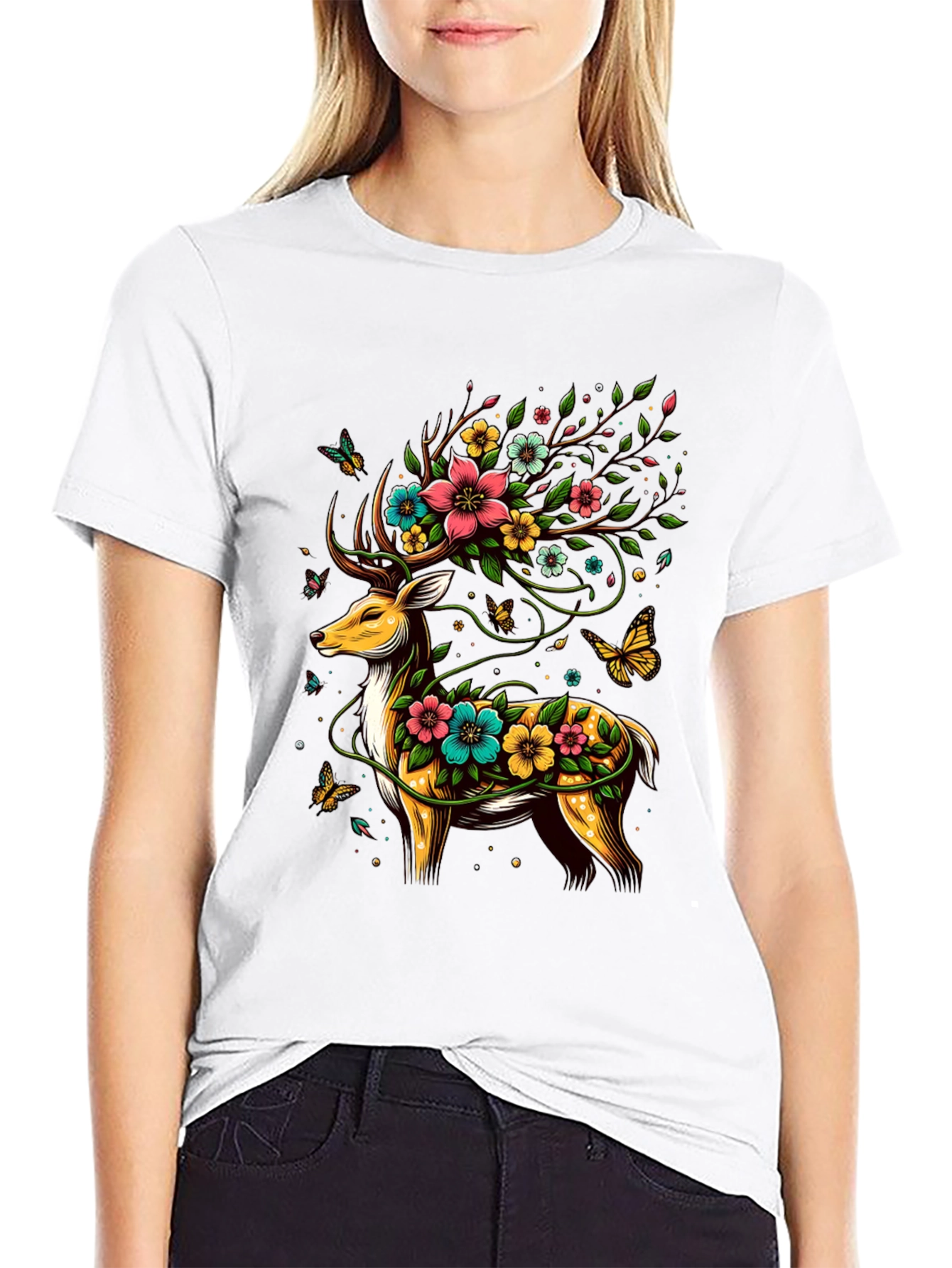 Floral Deer Graphic Tee - Unique Animal Print