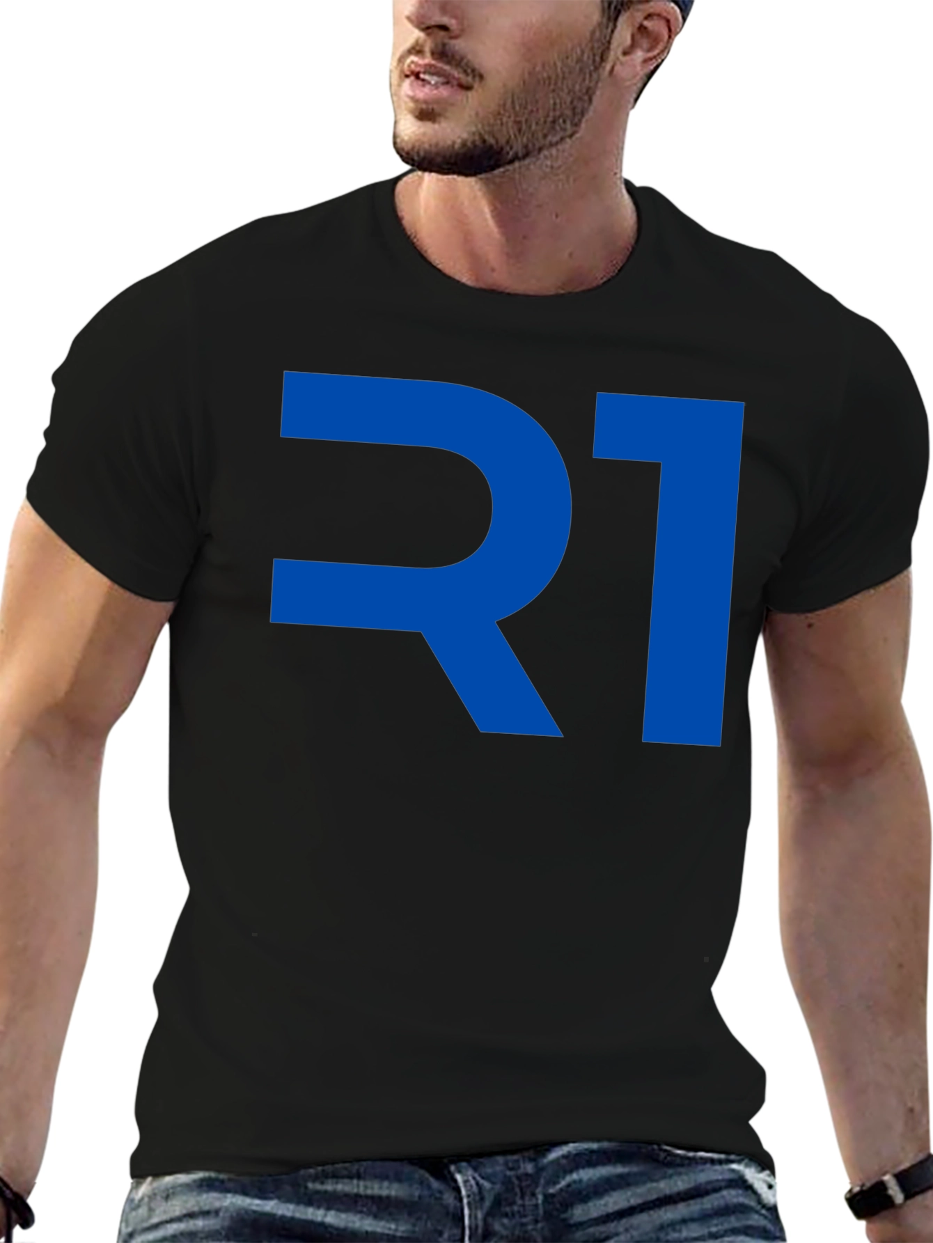 R1 Graphic T-Shirt - Bold Blue Print on Black