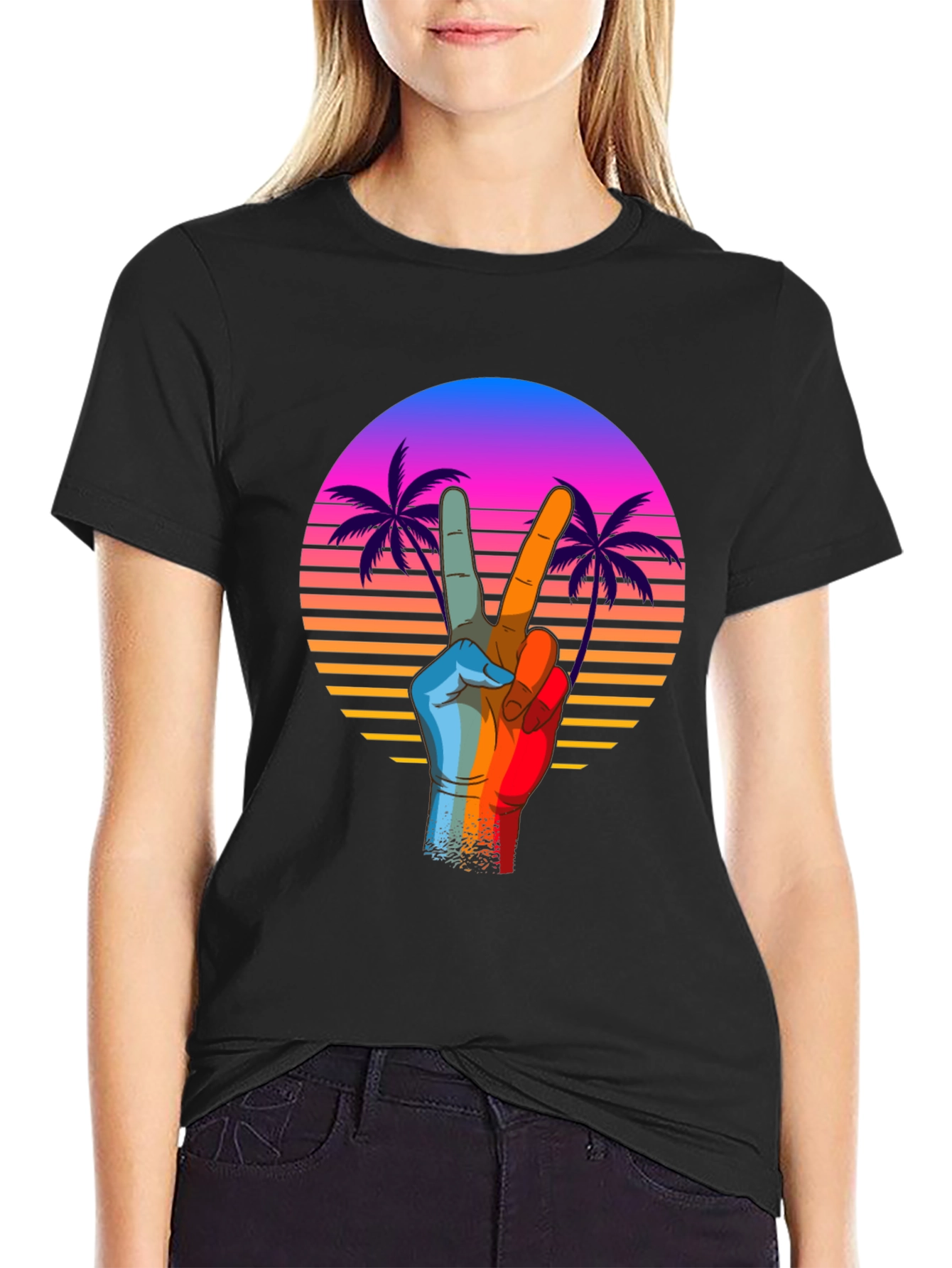 Retro Palm Peace Sign Black T-Shirt