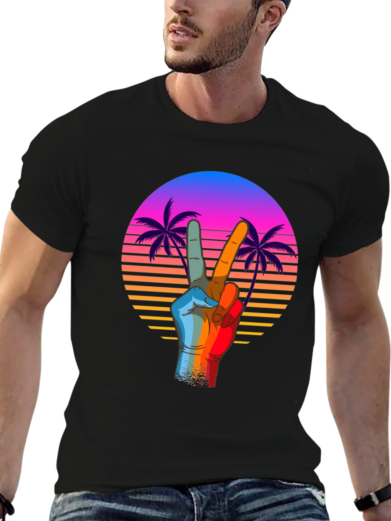 Retro Palm Peace Sign Black T-Shirt