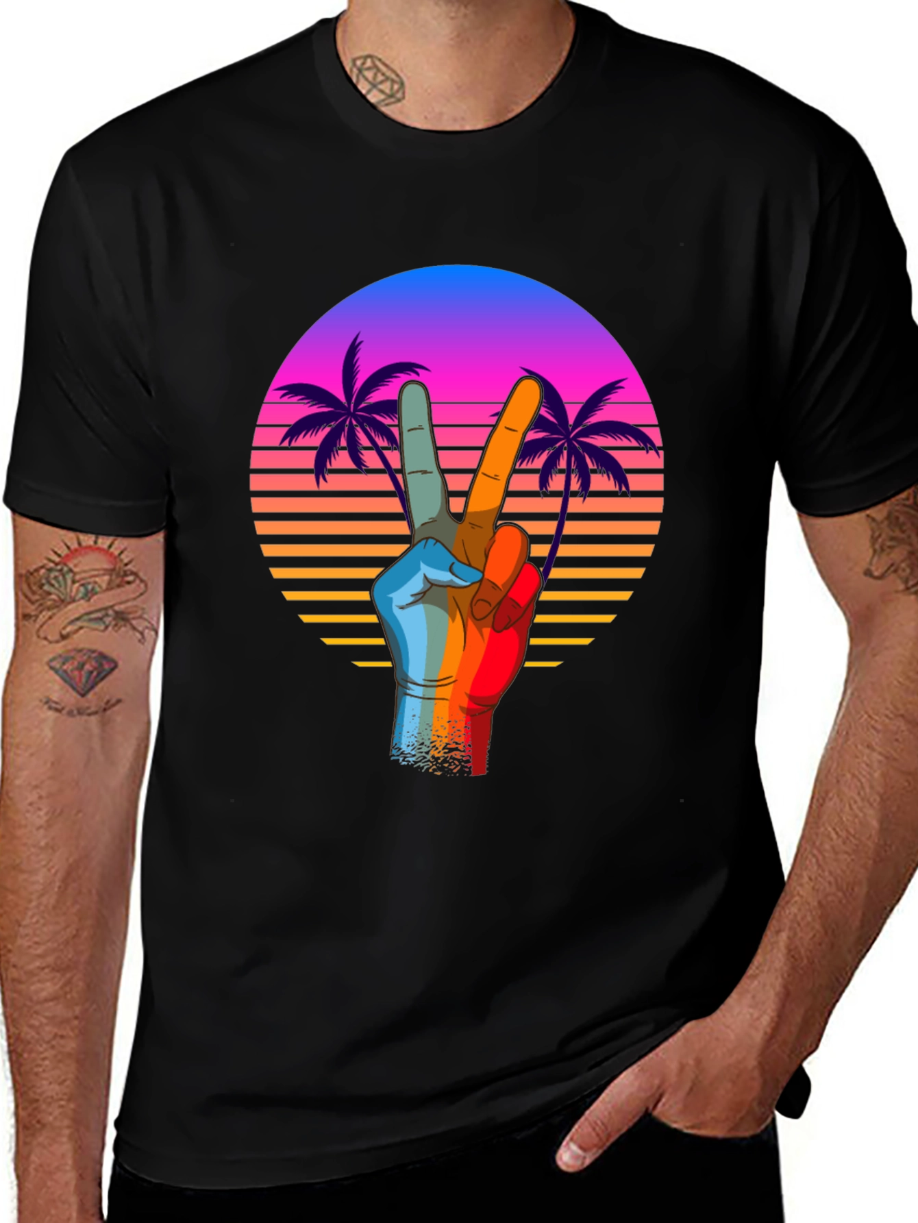 Retro Palm Peace Sign Black T-Shirt