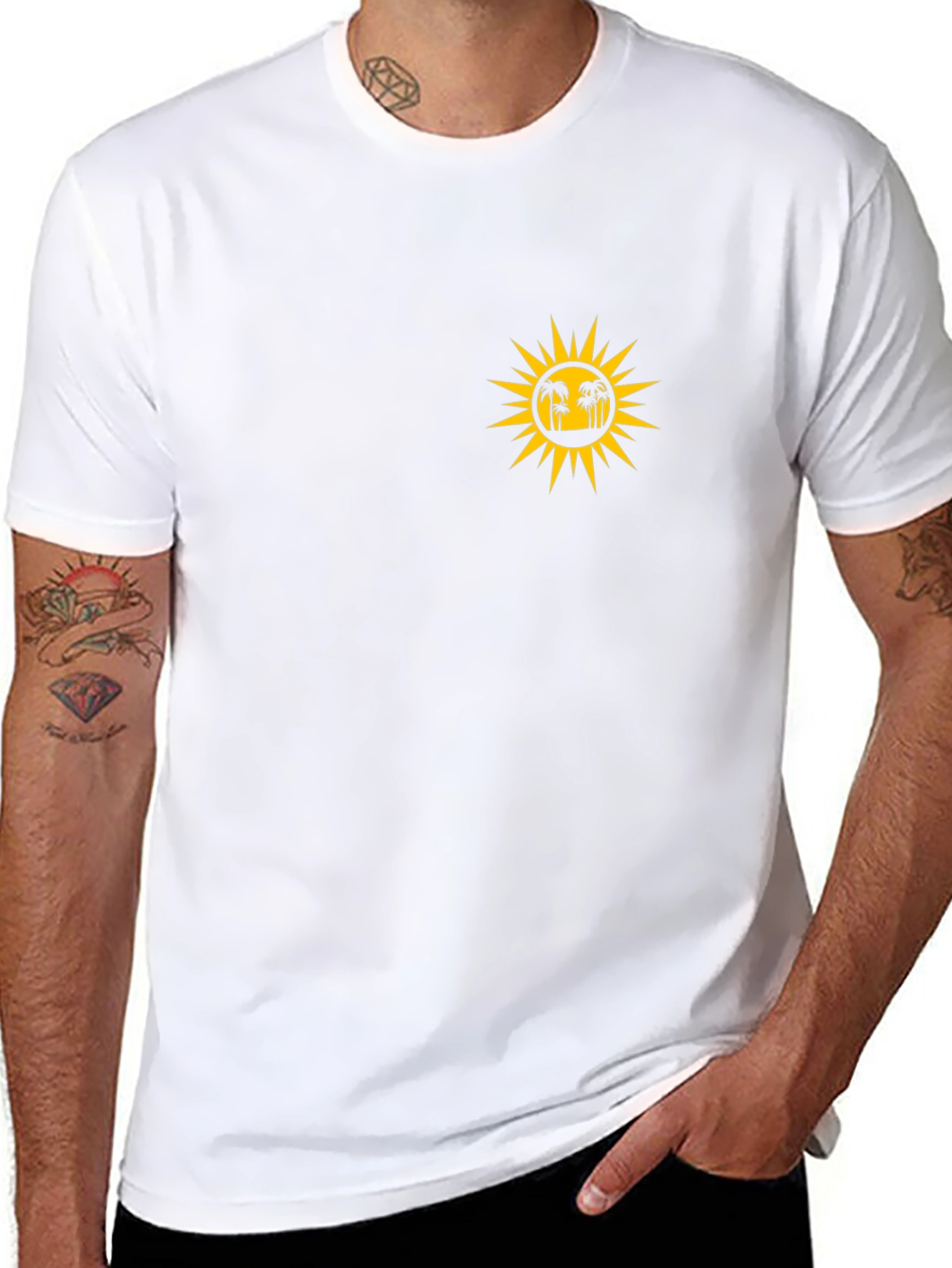 Black T-Shirt with Sun and Palm Tree Graphic