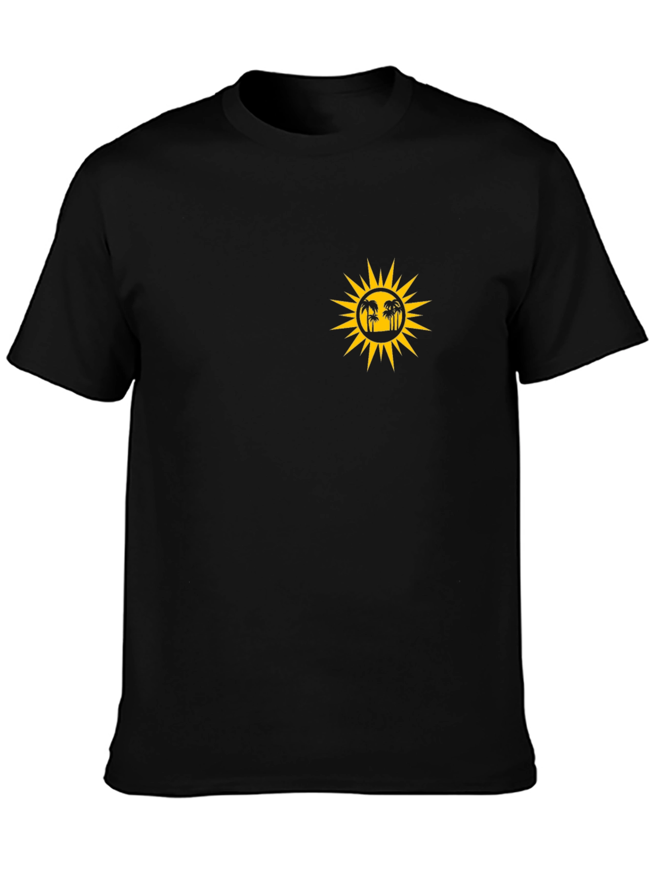 Black T-Shirt with Sun and Palm Tree Graphic