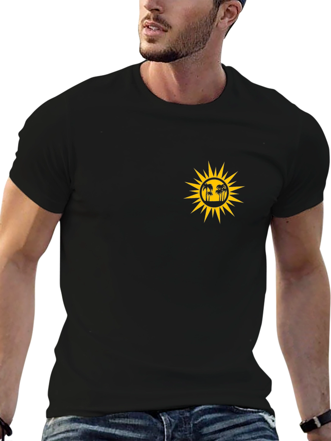 Black T-Shirt with Sun and Palm Tree Graphic