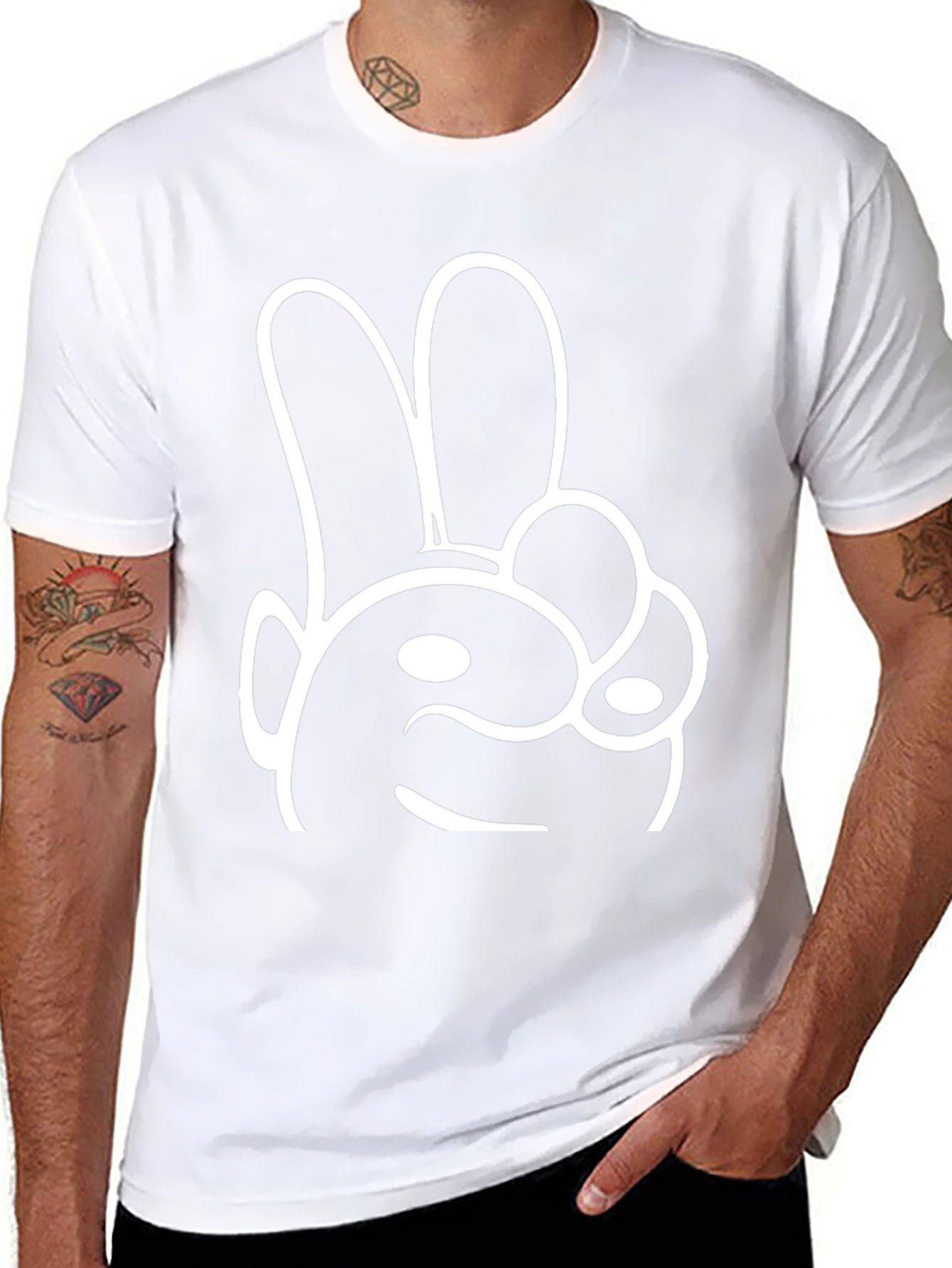 Cool Cartoon Rabbit Hand Gesture Black T-Shirt