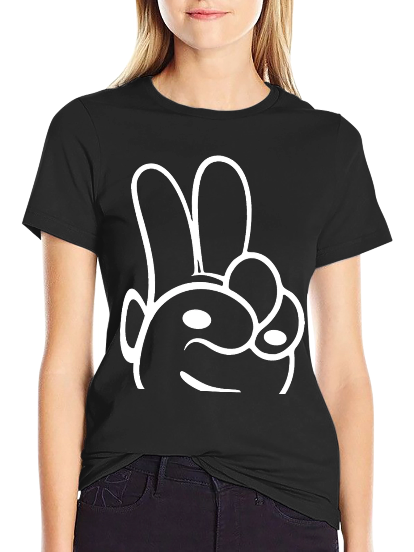 Cool Cartoon Rabbit Hand Gesture Black T-Shirt