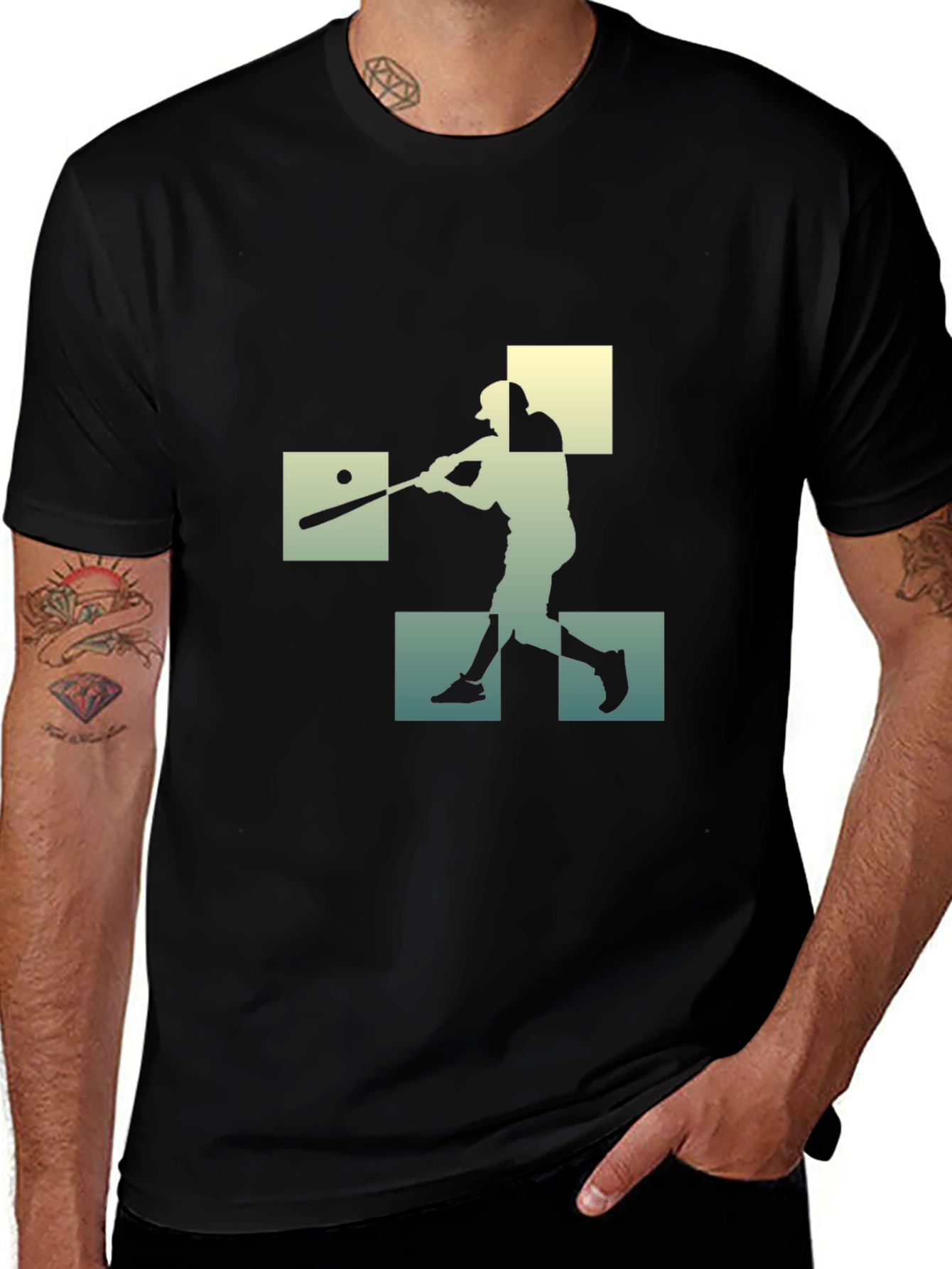 Baseball Player Silhouette Graphic Tee - Black Cotton Shirt