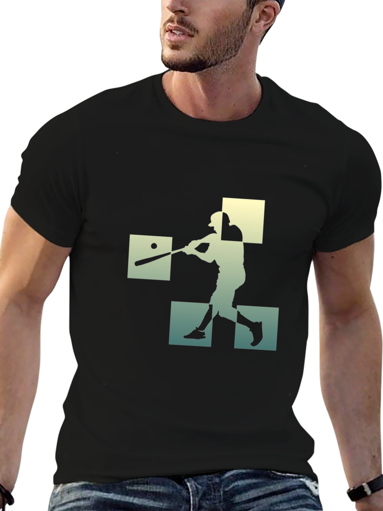 Baseball Player Silhouette Graphic Tee - Black Cotton Shirt