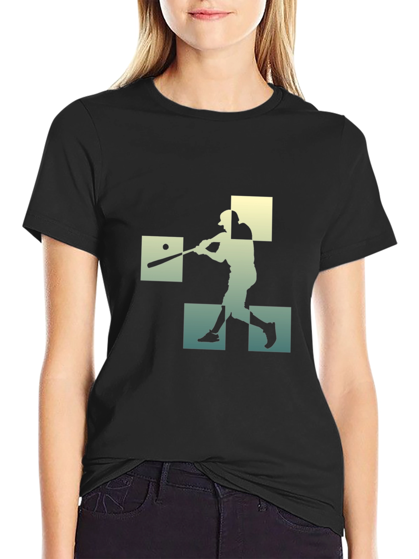 Baseball Player Silhouette Graphic Tee - Black Cotton Shirt