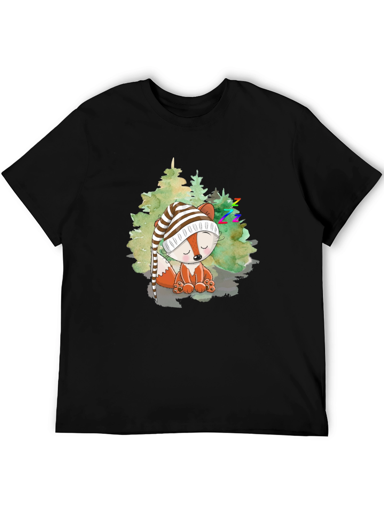 Cute Fox Sleeping in Woods Black T-Shirt