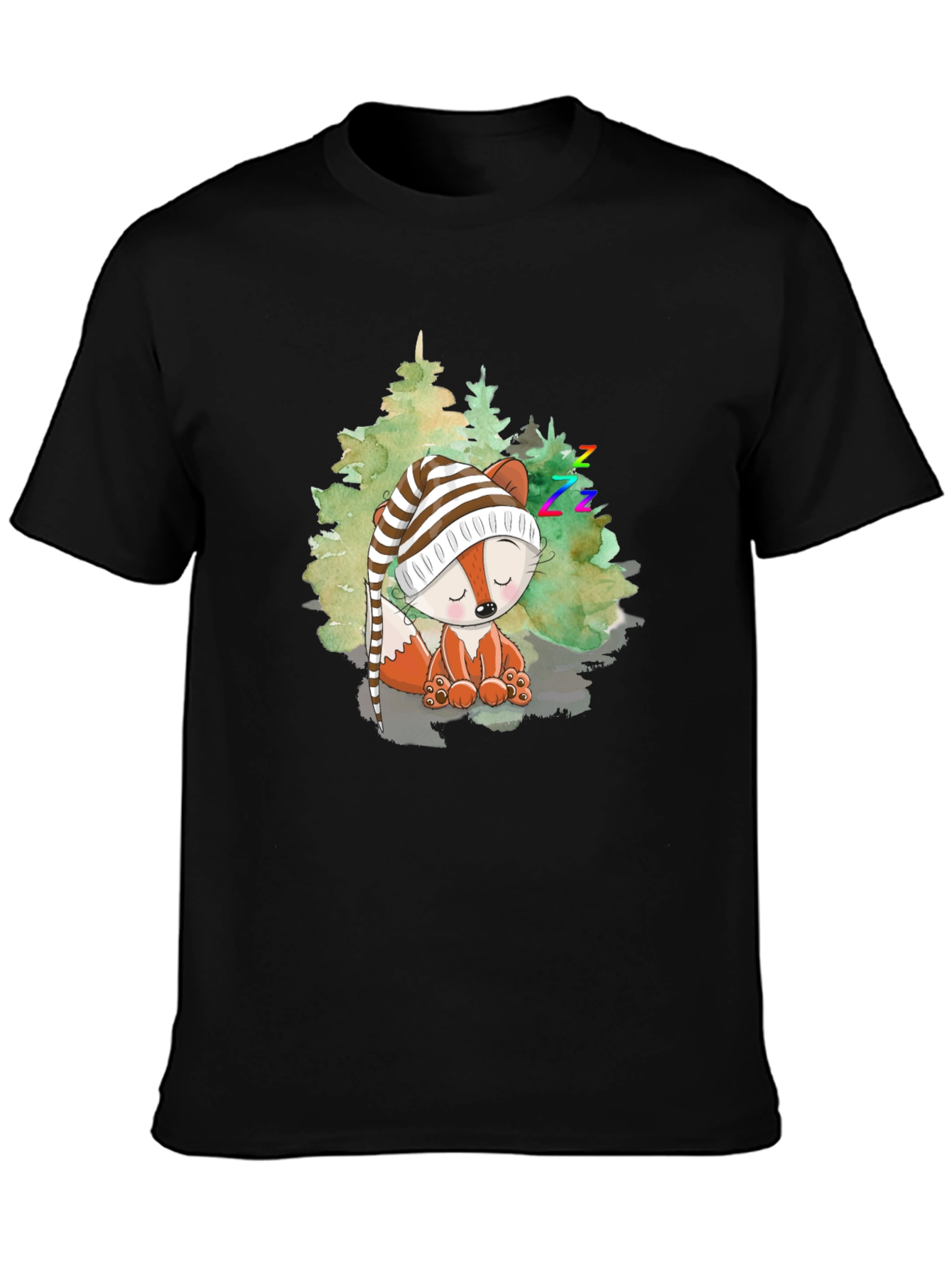 Cute Fox Sleeping in Woods Black T-Shirt