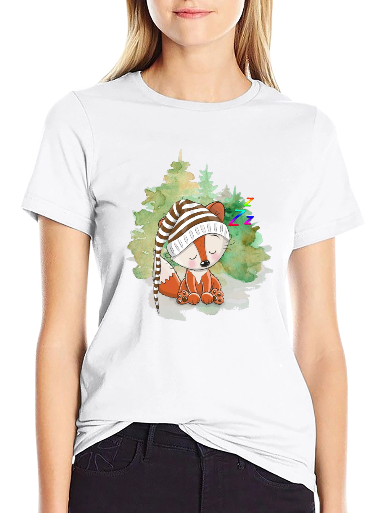 Cute Fox Sleeping in Woods Black T-Shirt