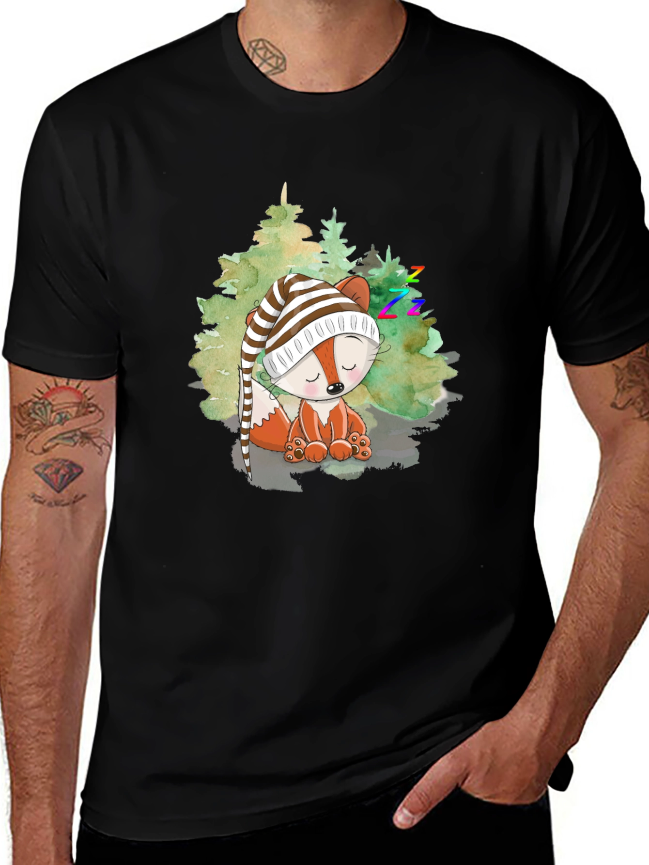 Cute Fox Sleeping in Woods Black T-Shirt