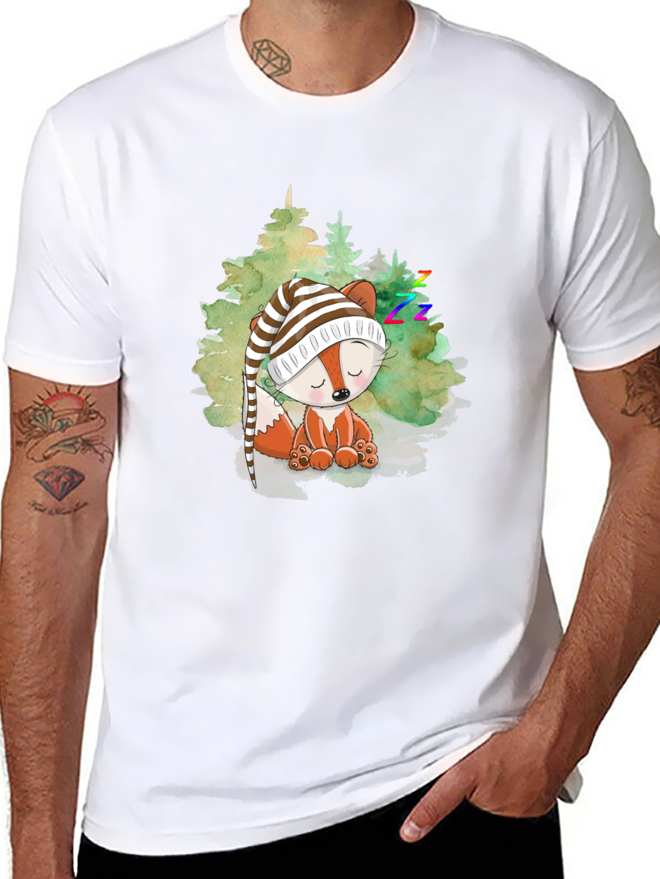 Cute Fox Sleeping in Woods Black T-Shirt