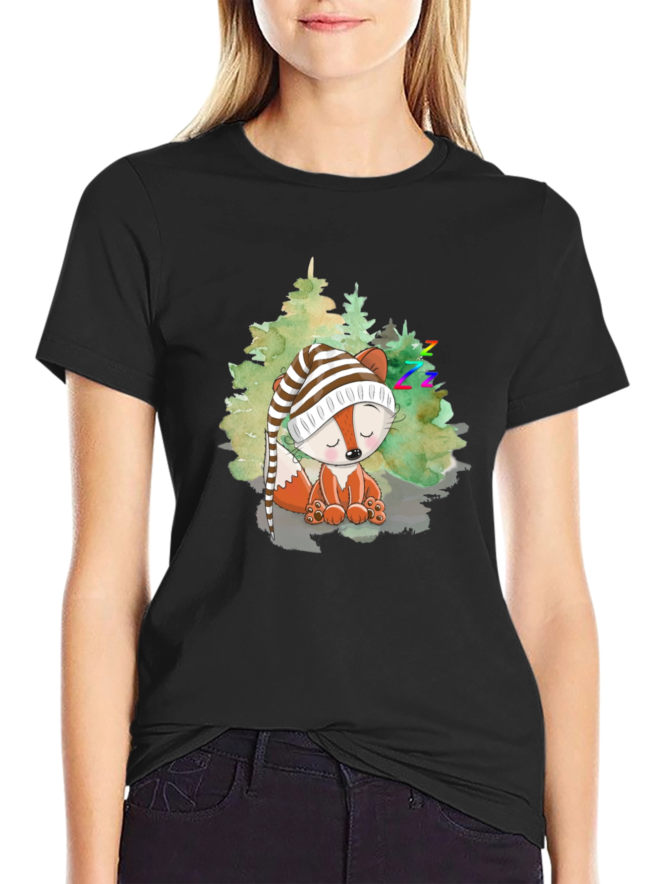 Cute Fox Sleeping in Woods Black T-Shirt