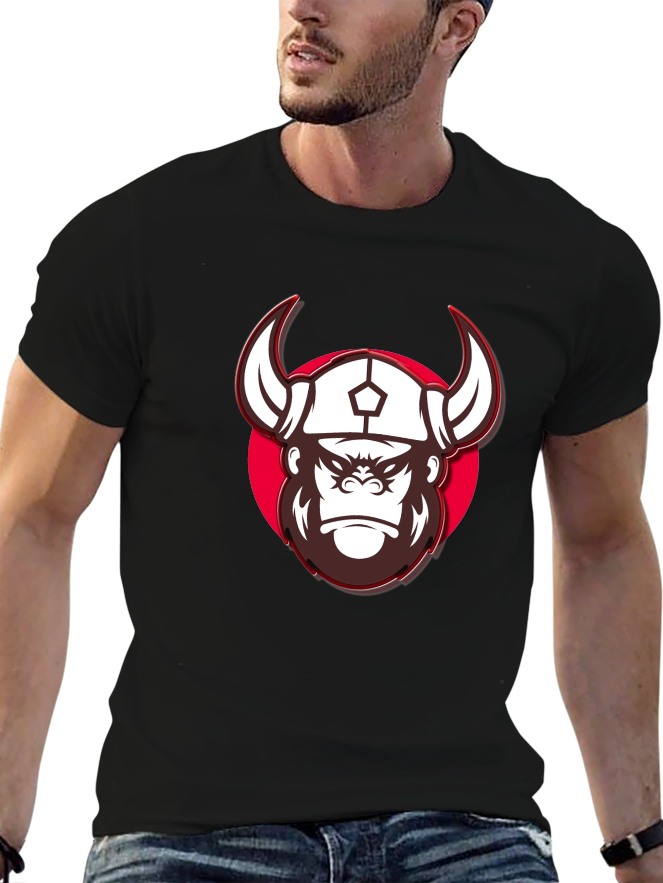 Viking Gorilla Graphic Print Black T-Shirt