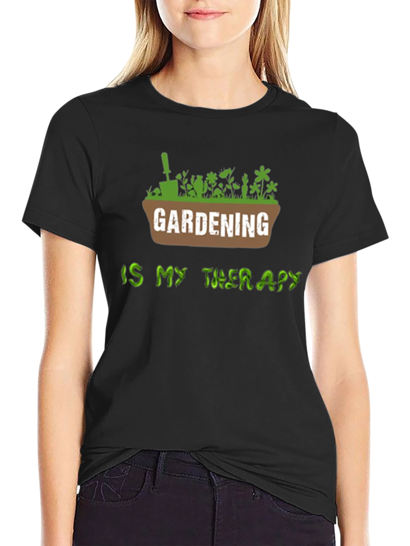 Gardening Is My Therapy T-Shirt - Black Cotton Tee