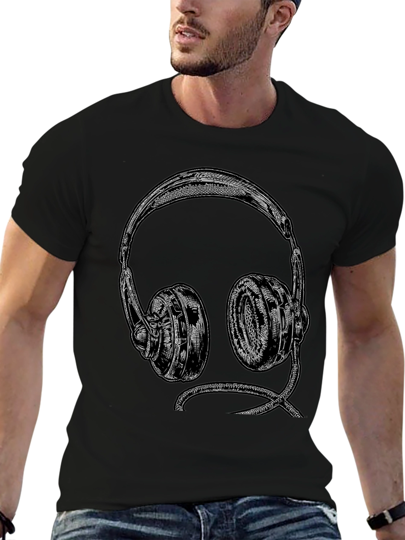 Retro Headphones Graphic Tee - Black