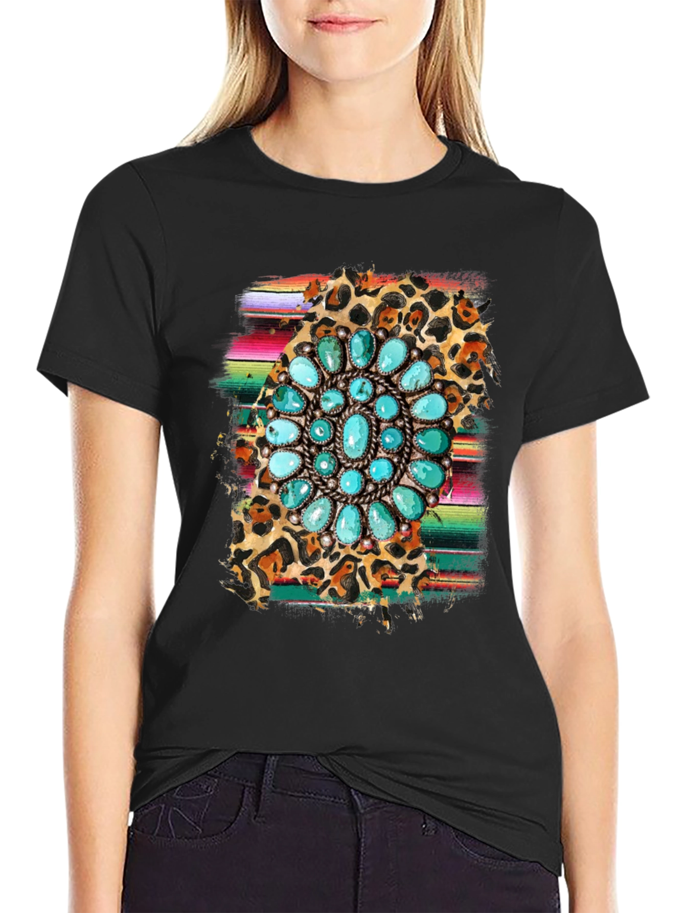 Turquoise Blossom Graphic Tee - Western Style