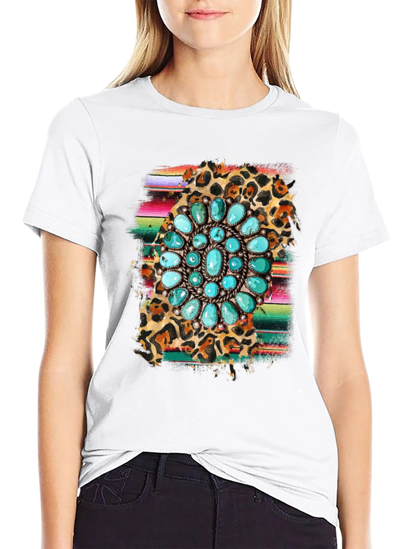 Turquoise Blossom Graphic Tee - Western Style