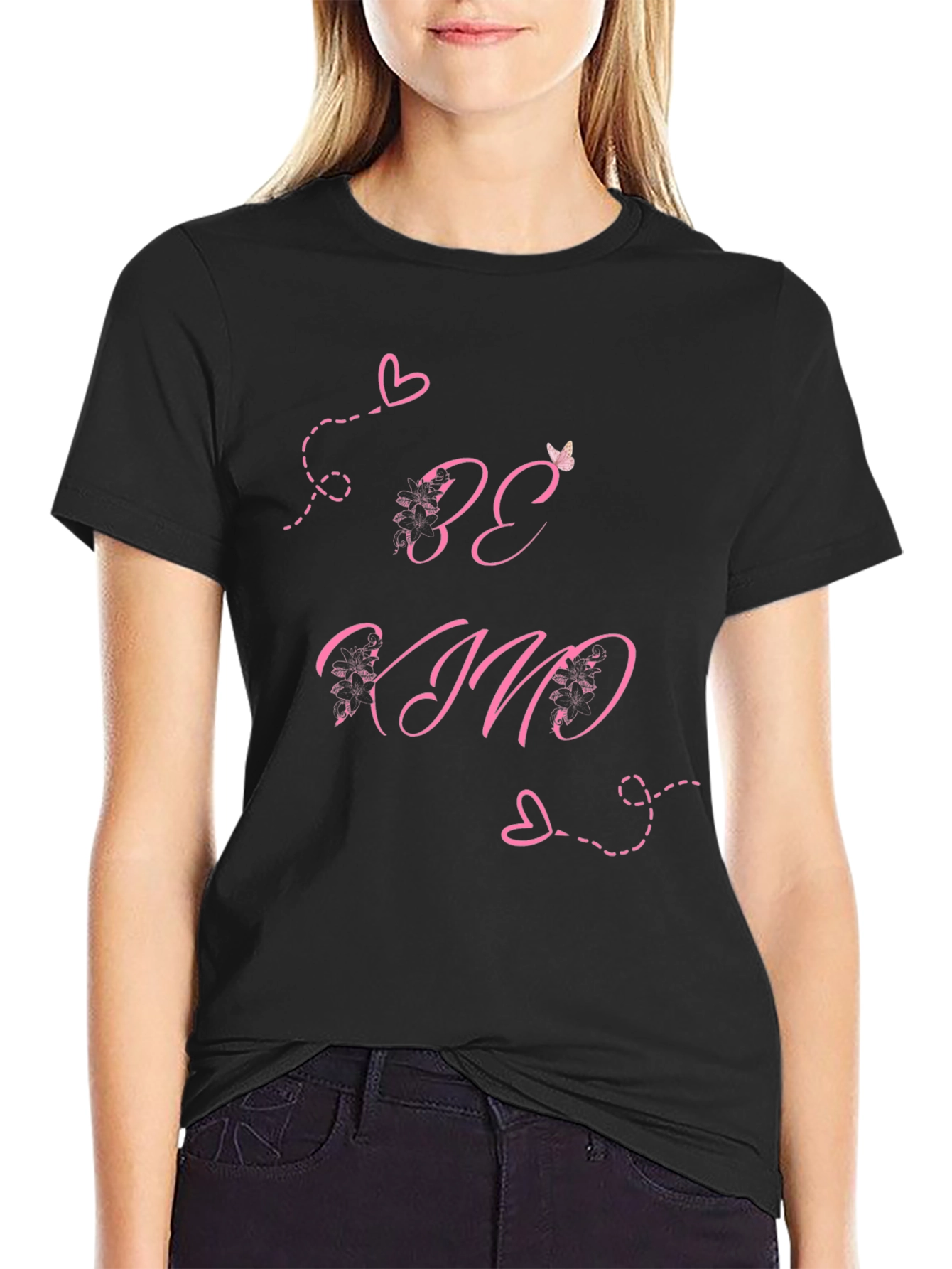 Be Kind Black T-Shirt with Pink Heart Details