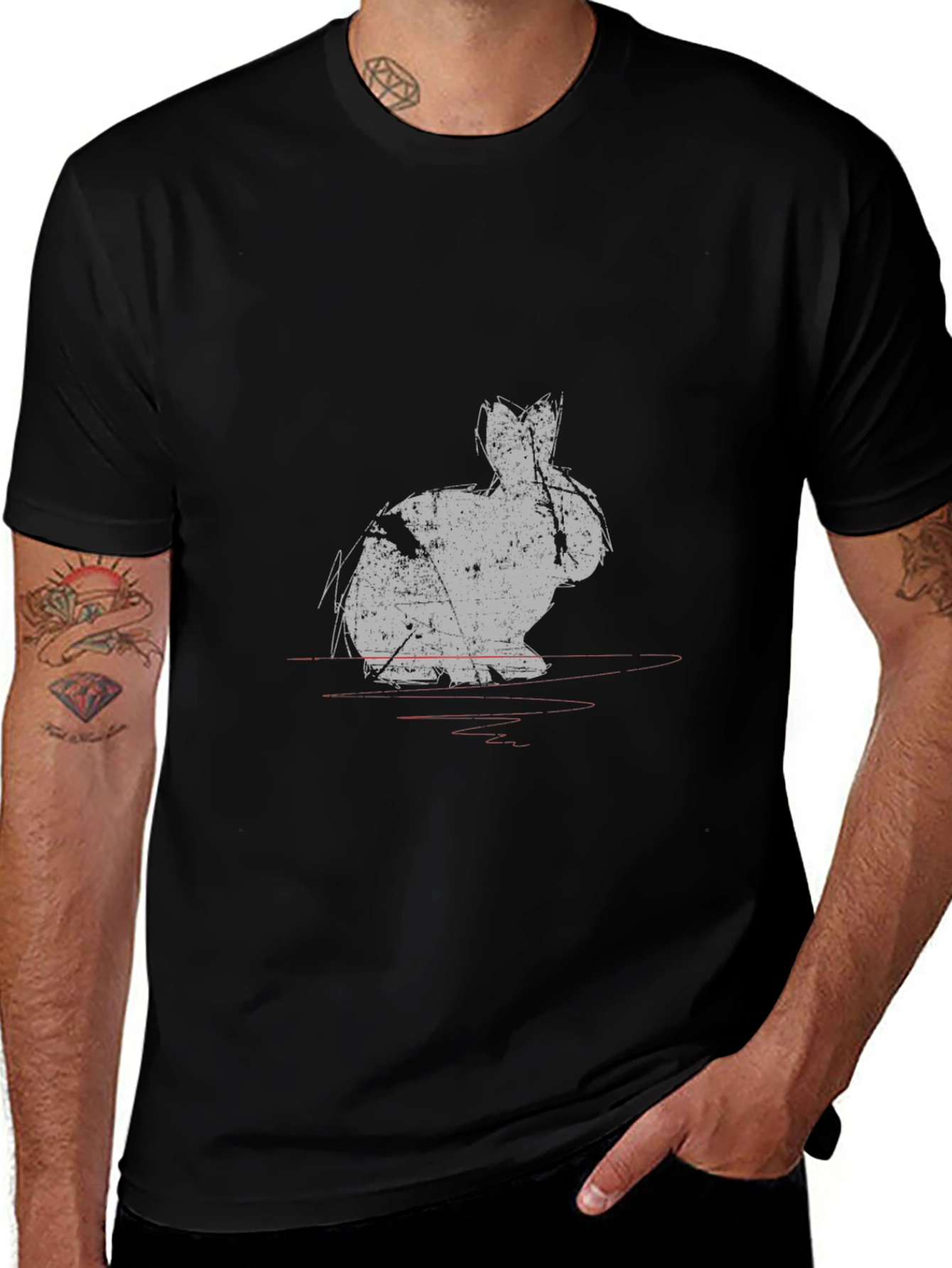 Grungy Rabbit Print Black Cotton T-Shirt