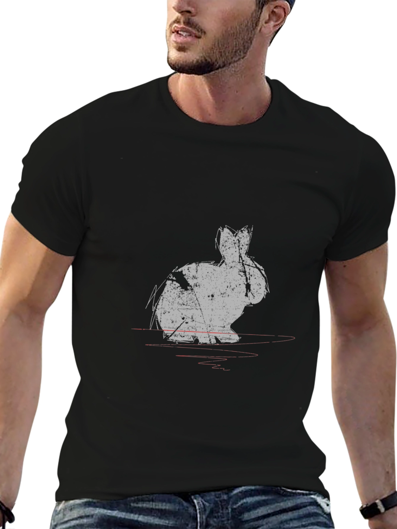 Grungy Rabbit Print Black Cotton T-Shirt
