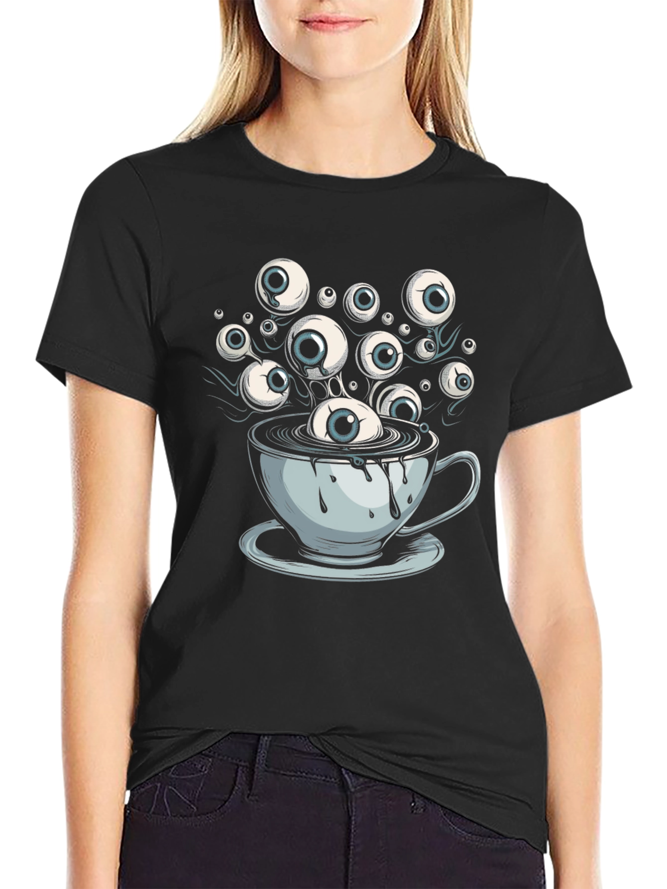 Eyeball Coffee Cup Graphic Tee - Unique Design