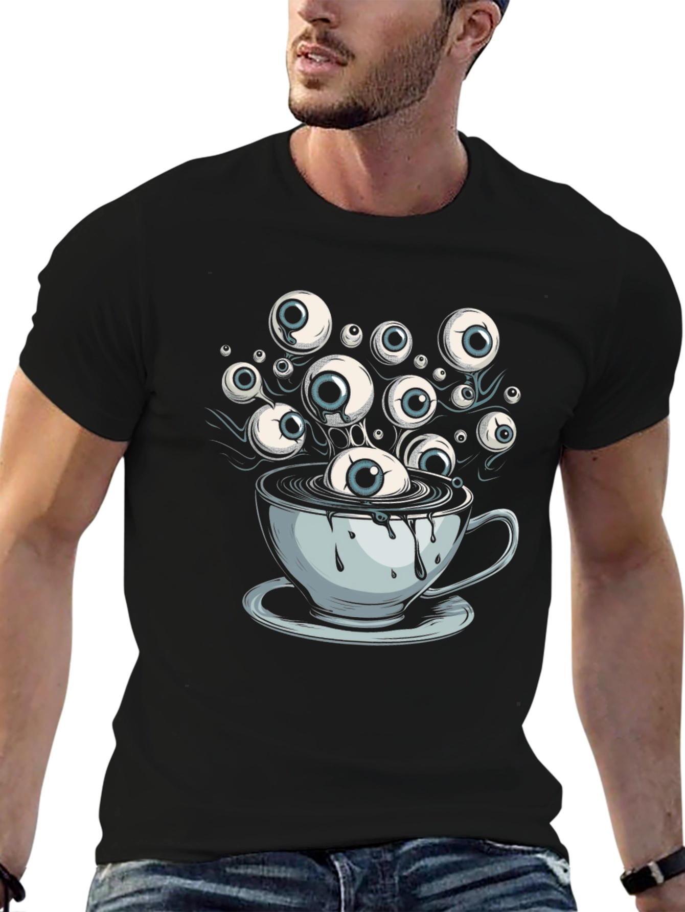Eyeball Coffee Cup Graphic Tee - Unique Design