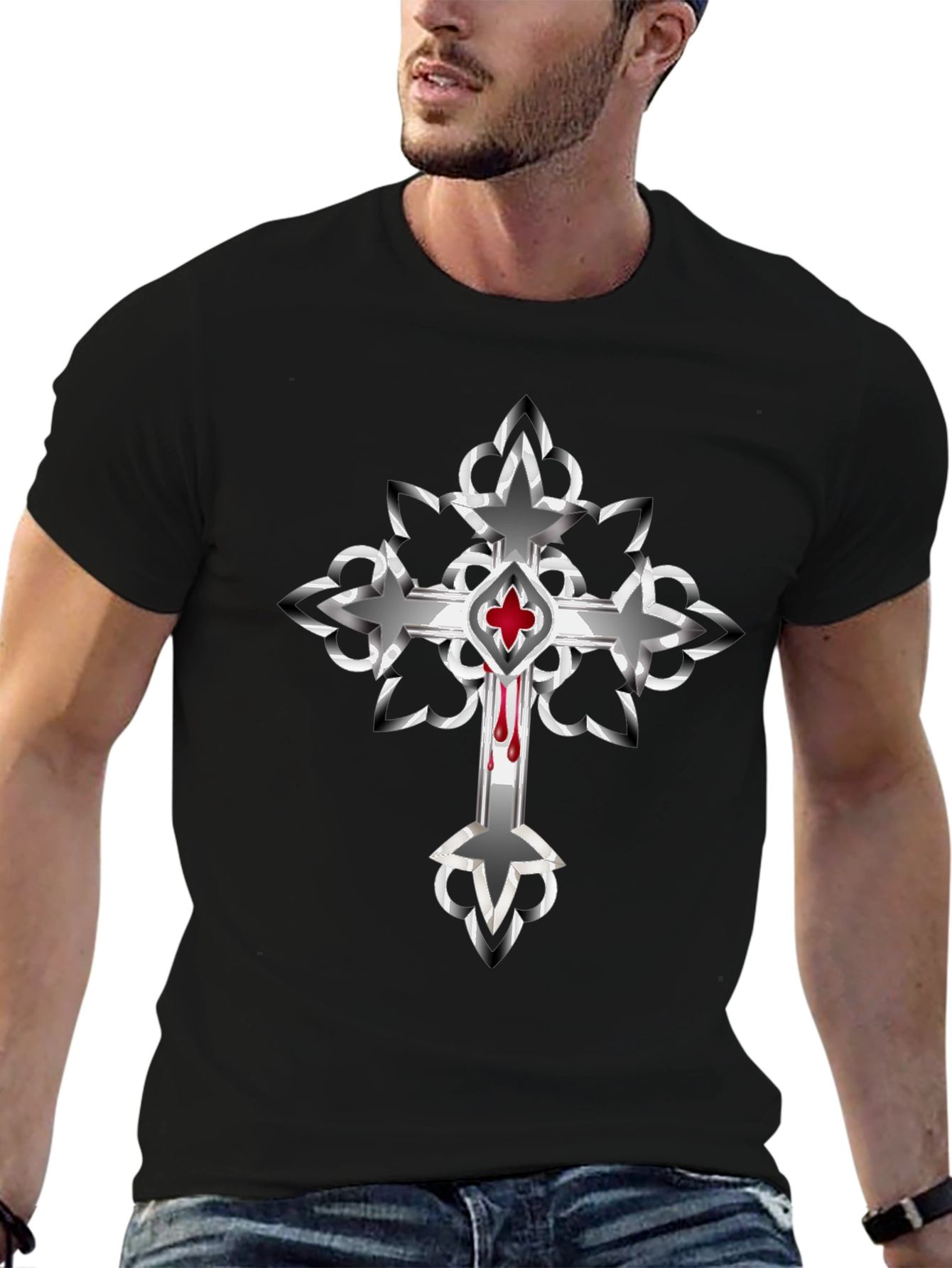 Gothic Cross Graphic Tee - Edgy Style