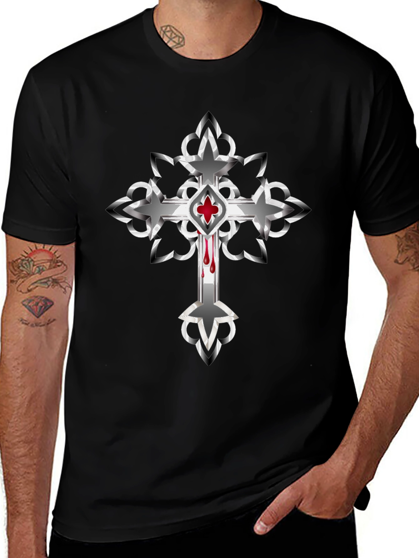Gothic Cross Graphic Tee - Edgy Style