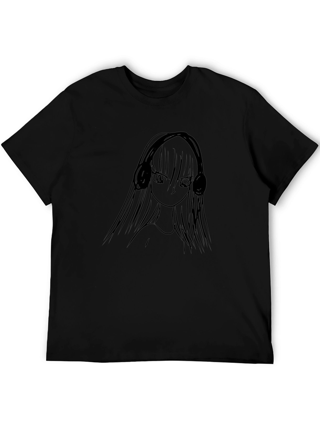 Anime Girl Headphones Black T-Shirt