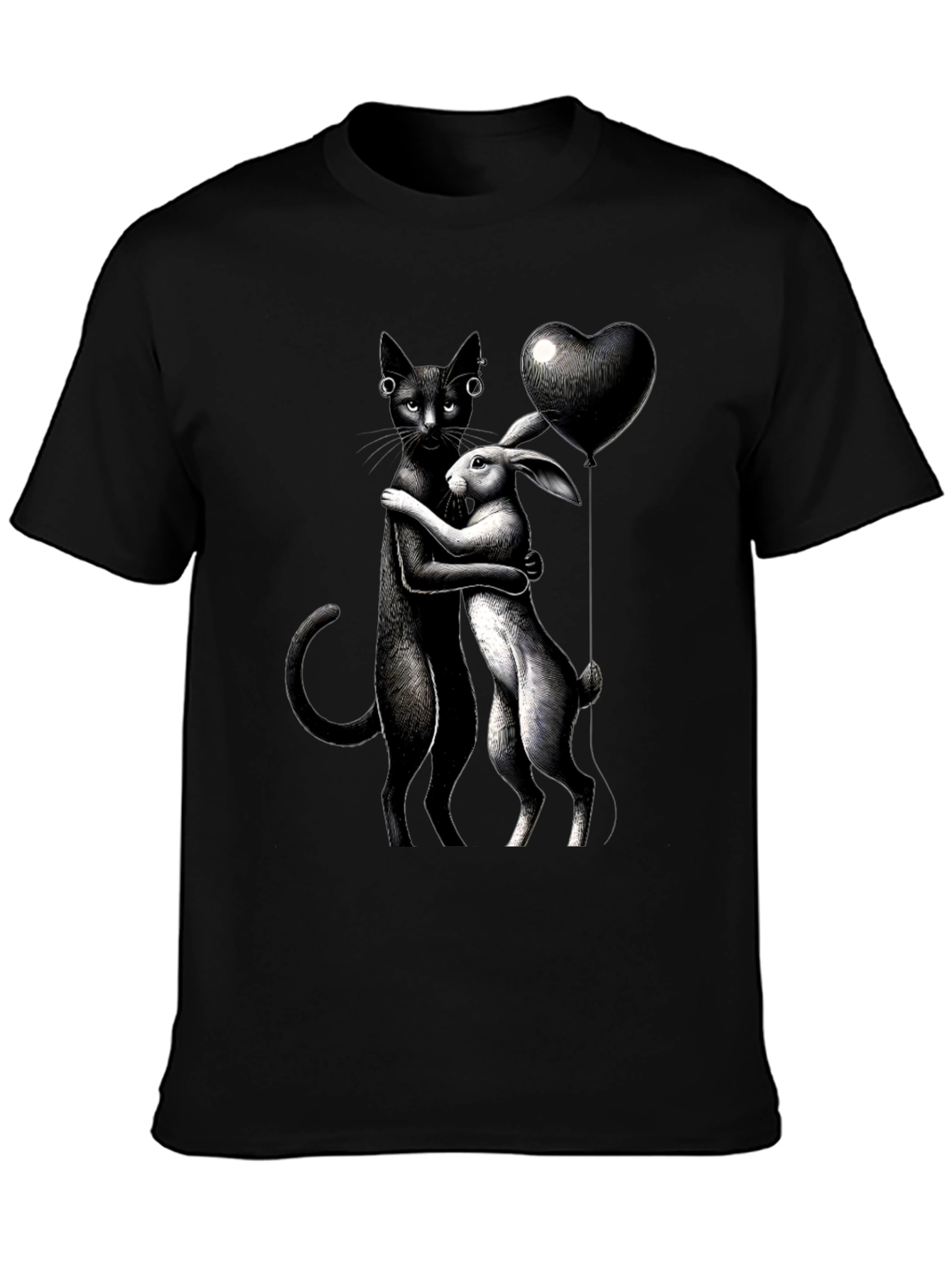 Cat and Rabbit Hug Black T-Shirt