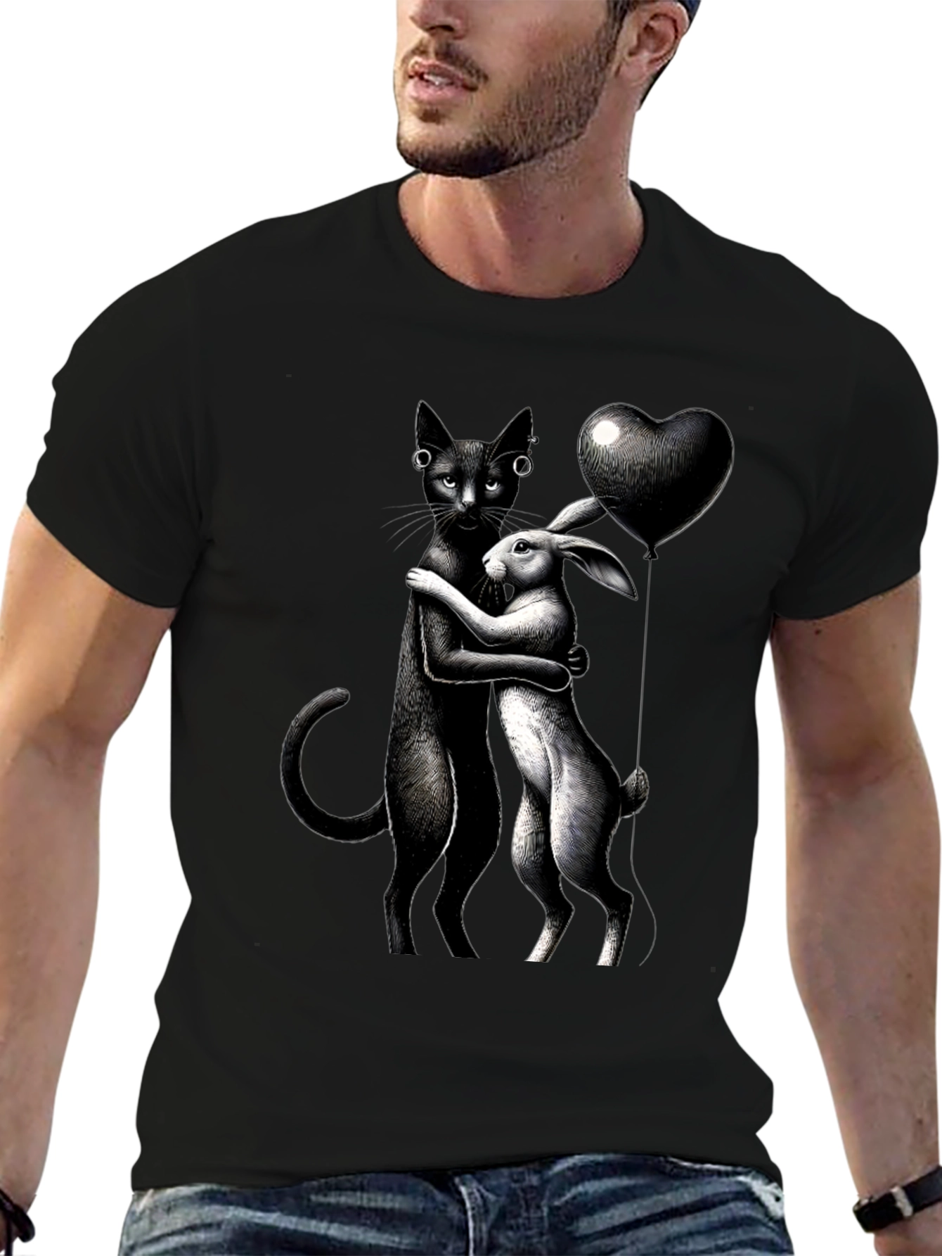 Cat and Rabbit Hug Black T-Shirt