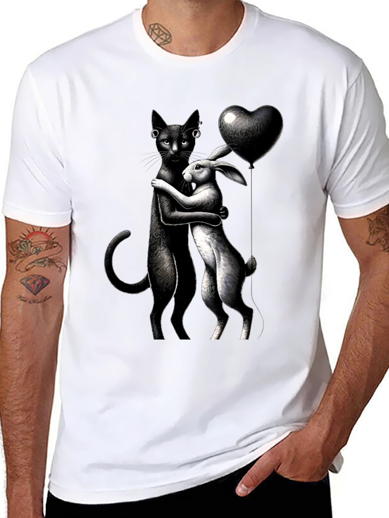 Cat and Rabbit Hug Black T-Shirt