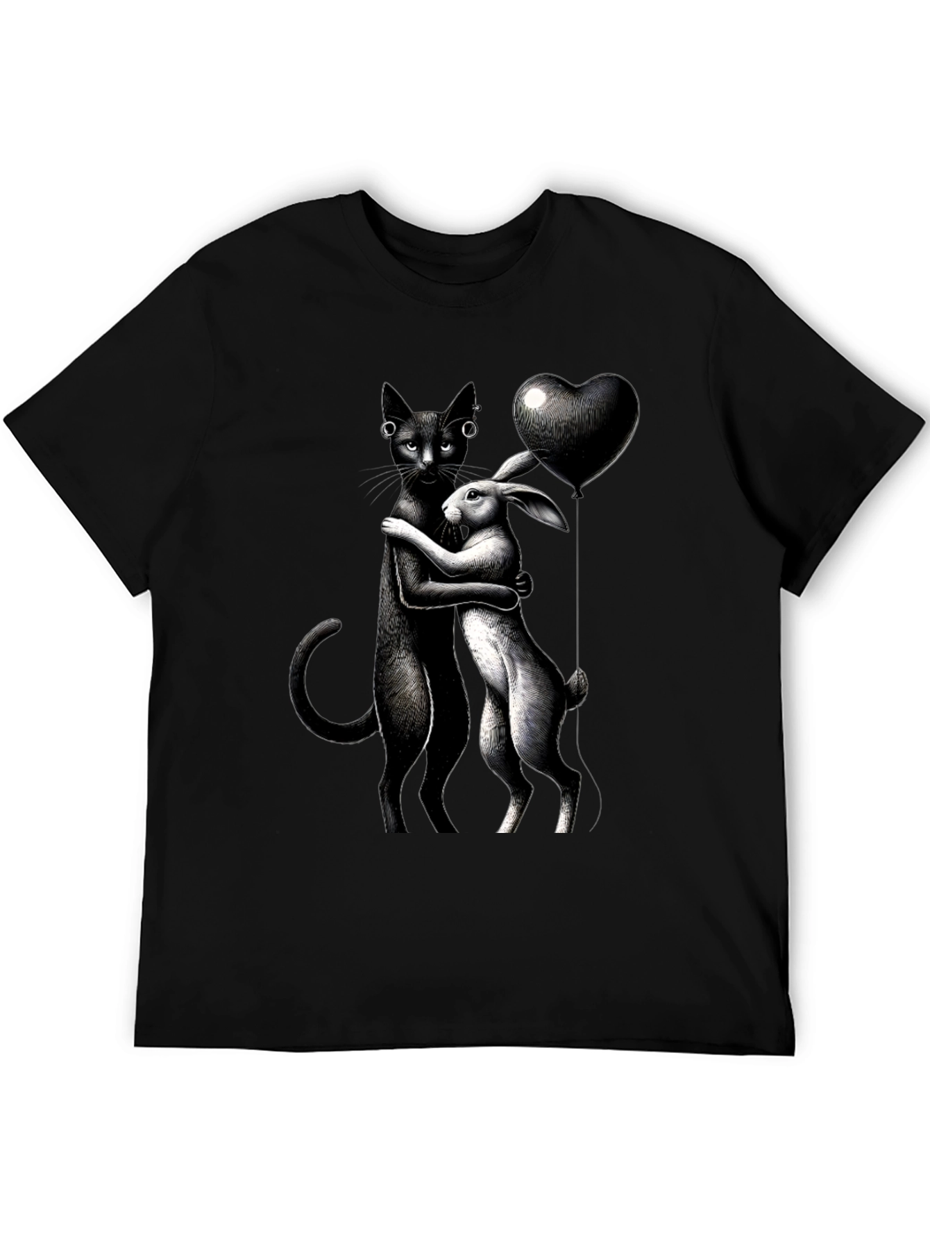 Cat and Rabbit Hug Black T-Shirt