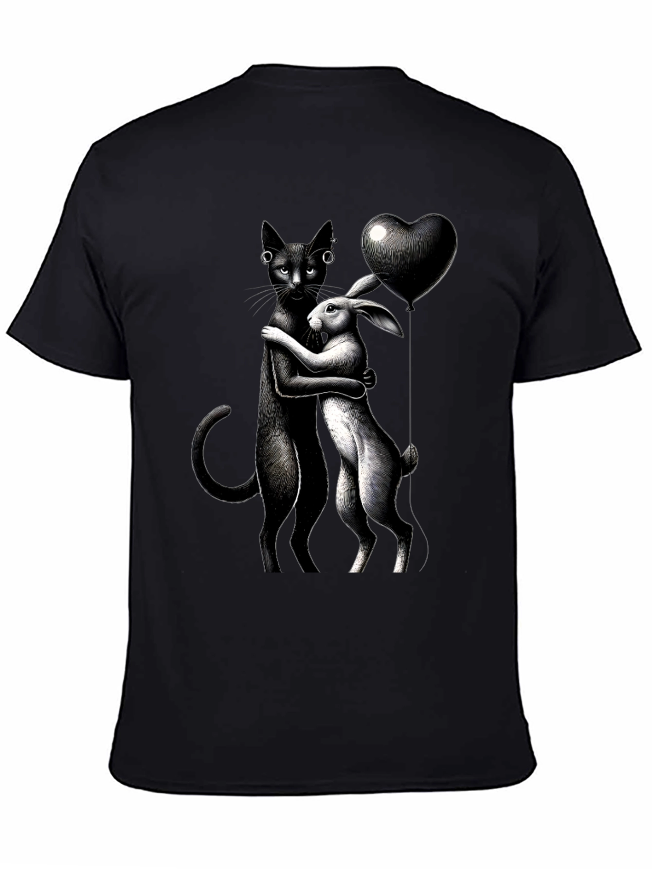 Cat and Rabbit Hug Black T-Shirt