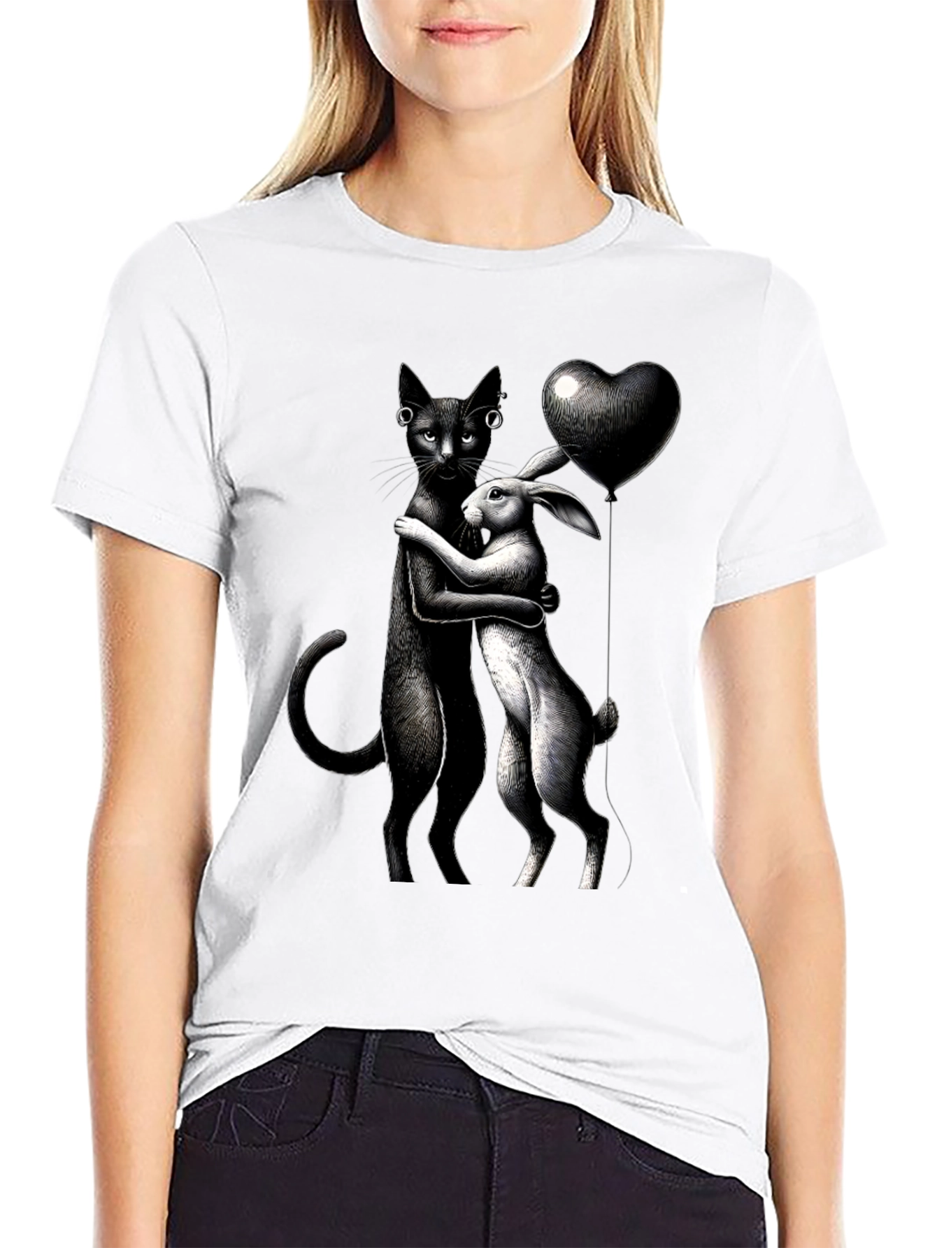 Cat and Rabbit Hug Black T-Shirt