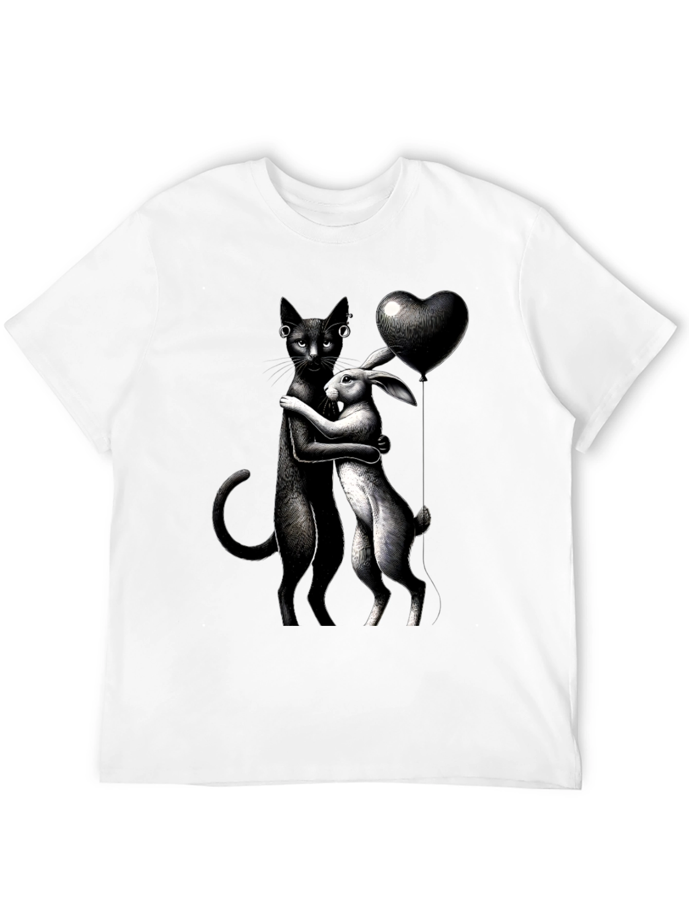 Cat and Rabbit Hug Black T-Shirt