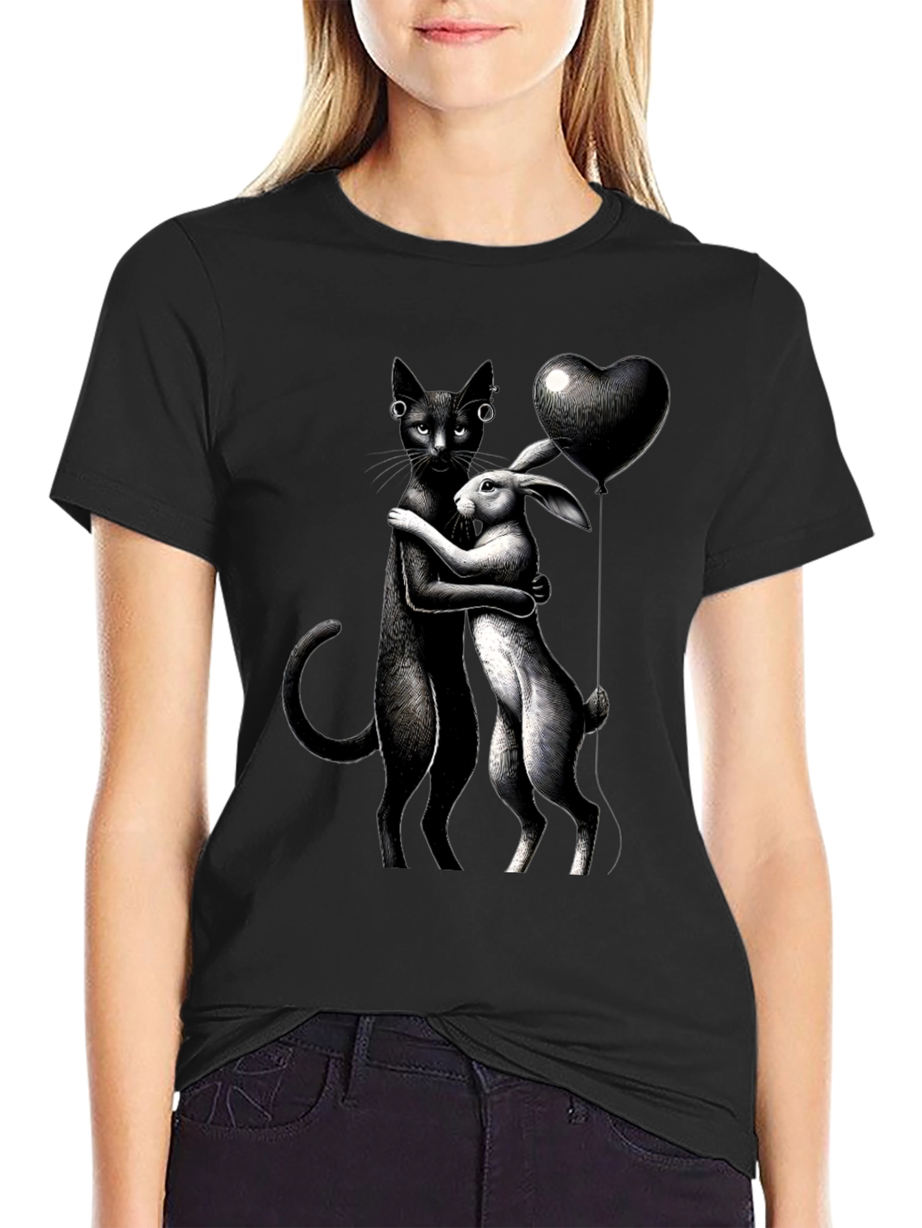 Cat and Rabbit Hug Black T-Shirt