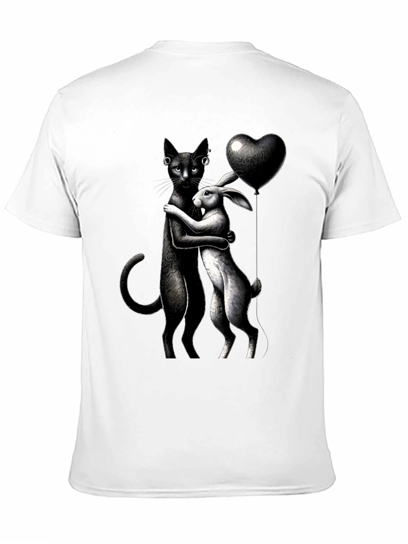 Cat and Rabbit Hug Black T-Shirt