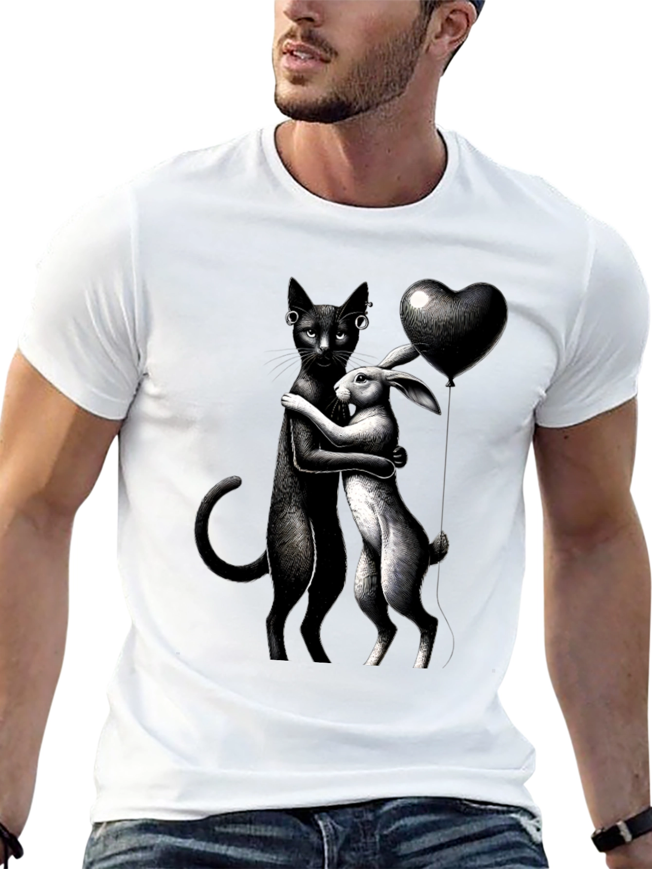 Cat and Rabbit Hug Black T-Shirt