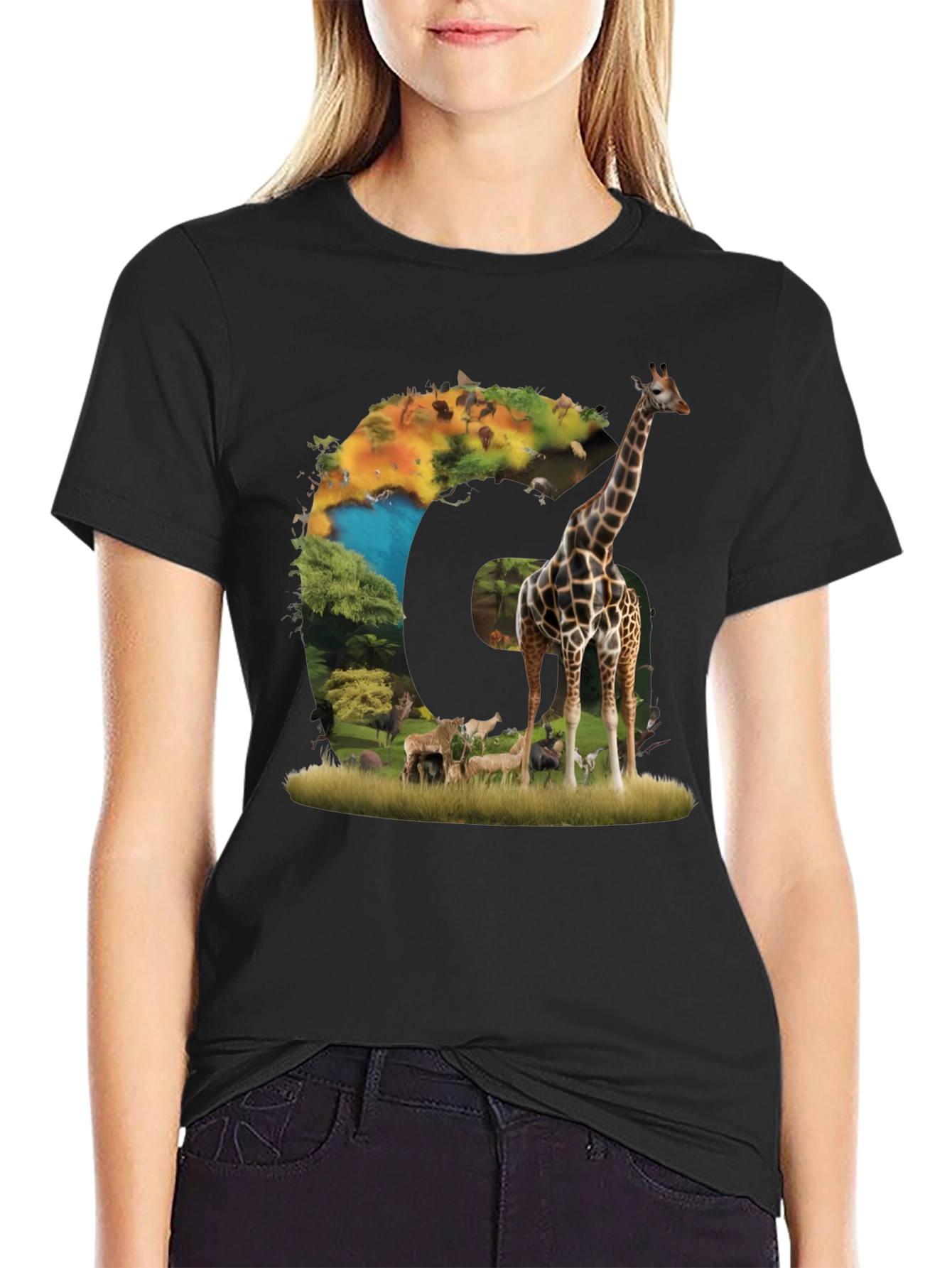 Safari Animal Graphic Print Black T-Shirt