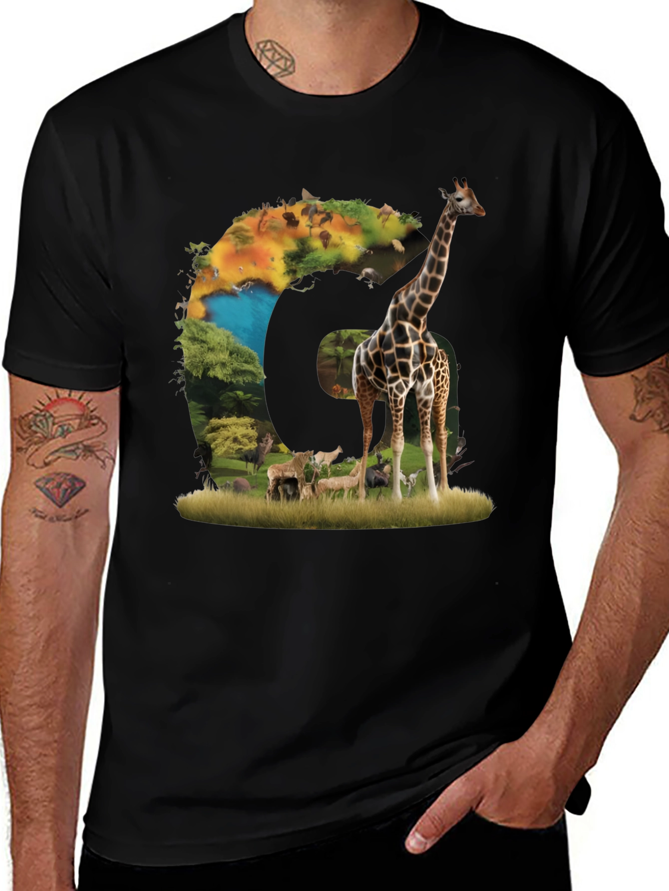 Safari Animal Graphic Print Black T-Shirt
