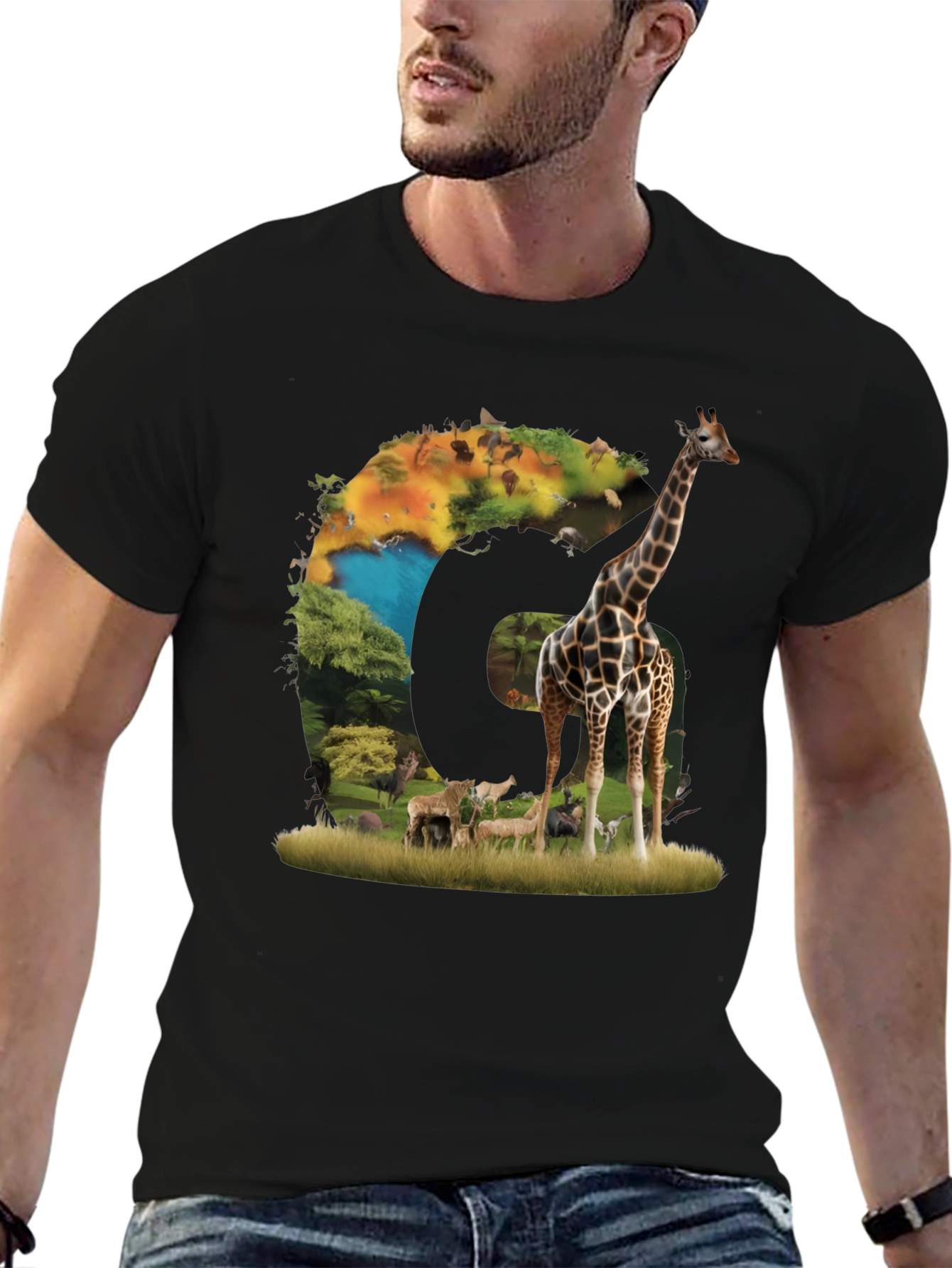 Safari Animal Graphic Print Black T-Shirt