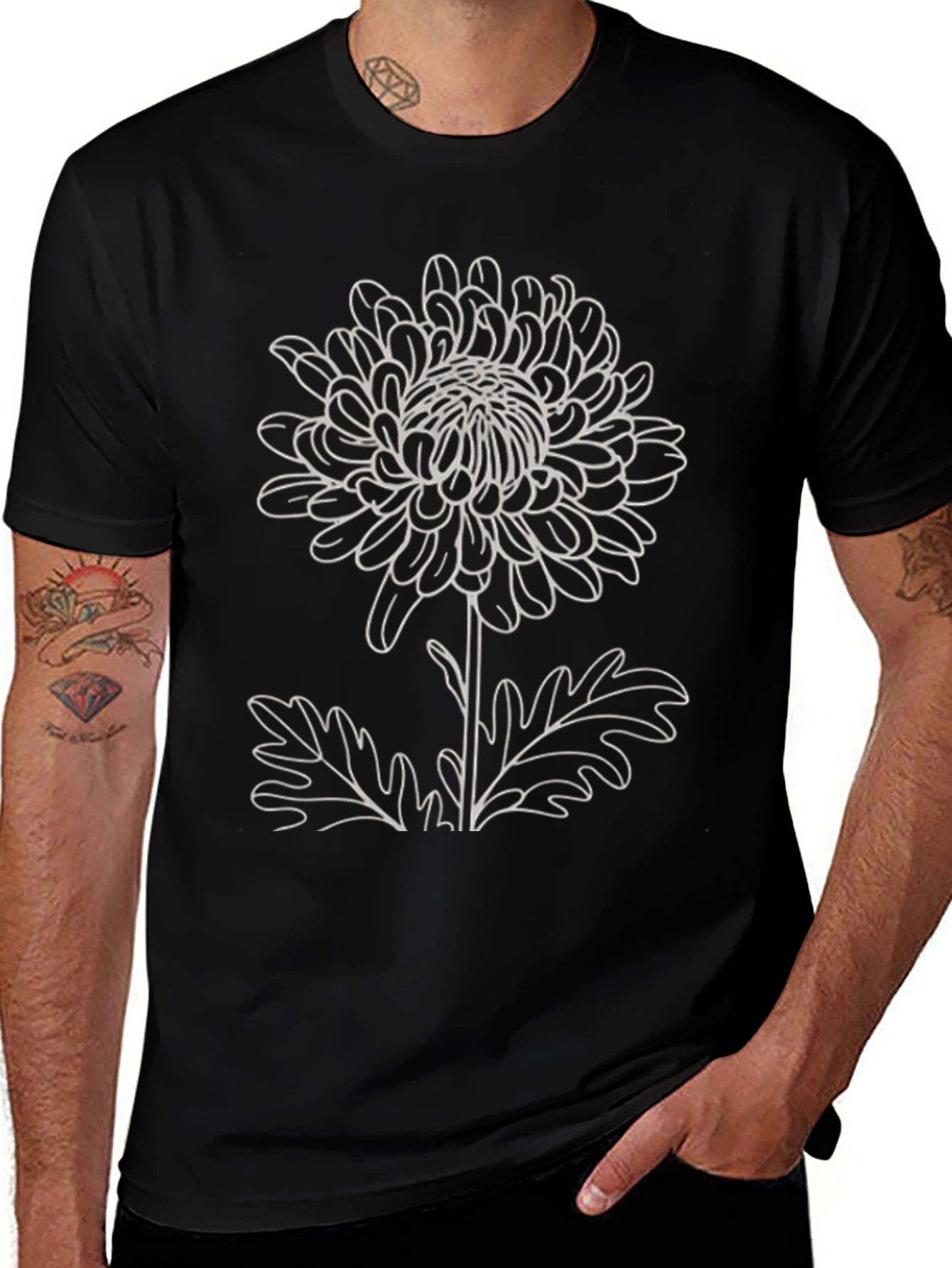 Floral Outline T-Shirt - Black Botanical Print