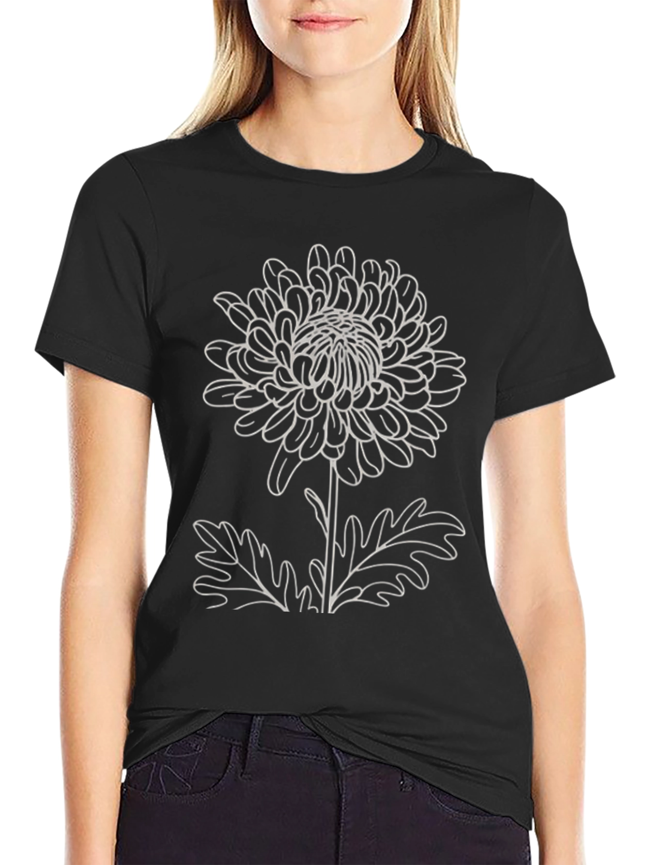 Floral Outline T-Shirt - Black Botanical Print