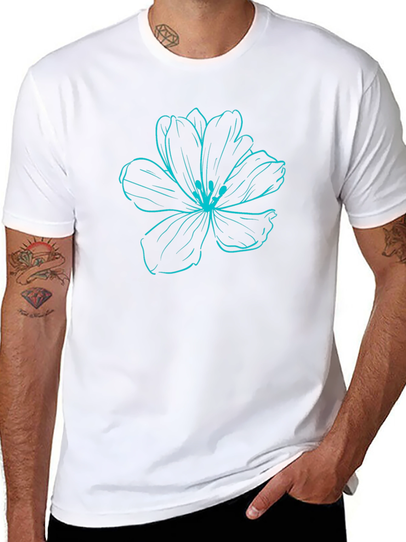 Black T-Shirt with Blue Flower Graphic